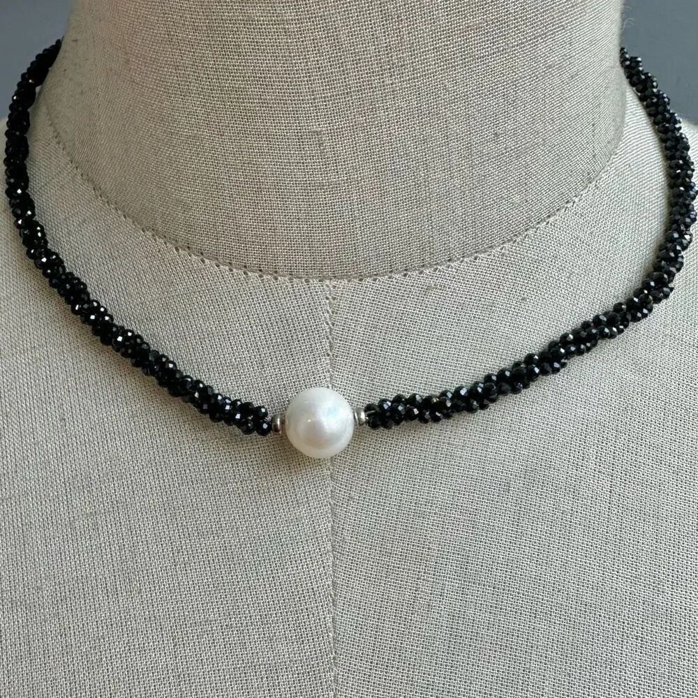 AIN black spinel  pearl sterling silver necklace